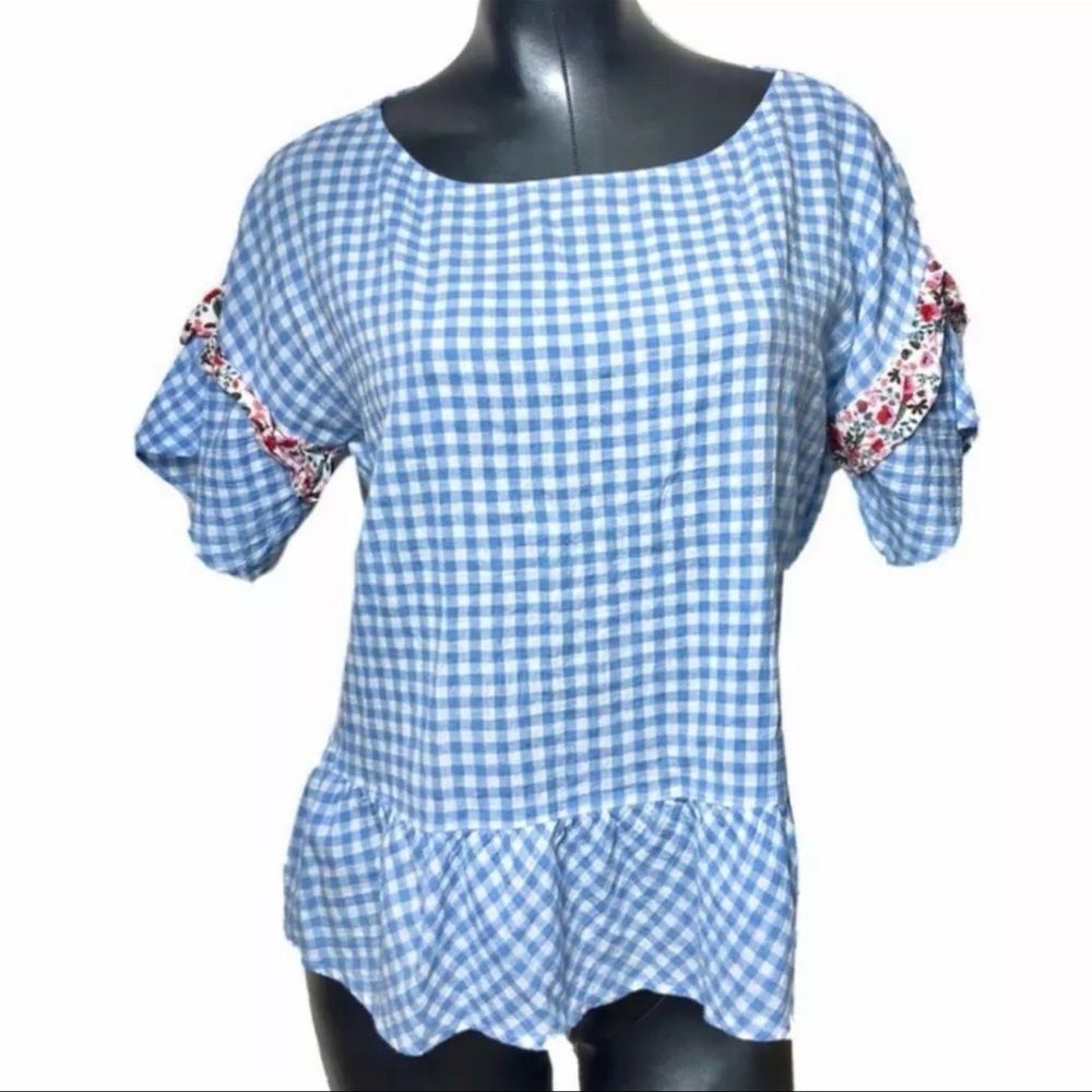 Matilda Jane Gighmam Ruffle Sleeve Picnic Shirt Top Womens Size XS Blue
